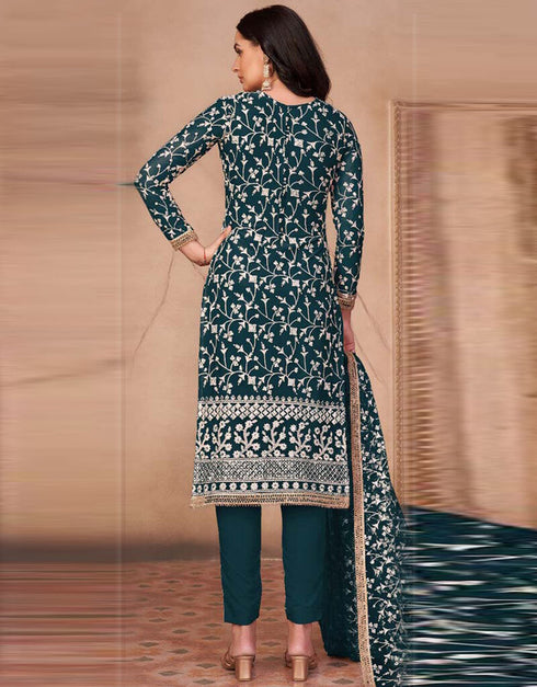 Rama Pant style Salwar Suit Butterfly Net Salwar Kameez in Heavy Sequins Embroidery & Lace Work Closure View