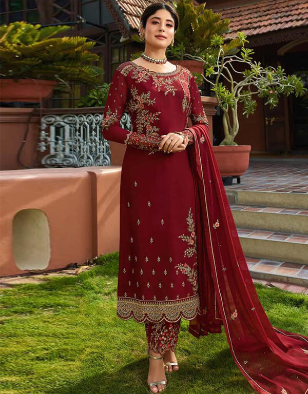 Red Pant style Salwar Suit Faux Georgette Salwar Kameez in Embroidery, Stone & Lace Work
