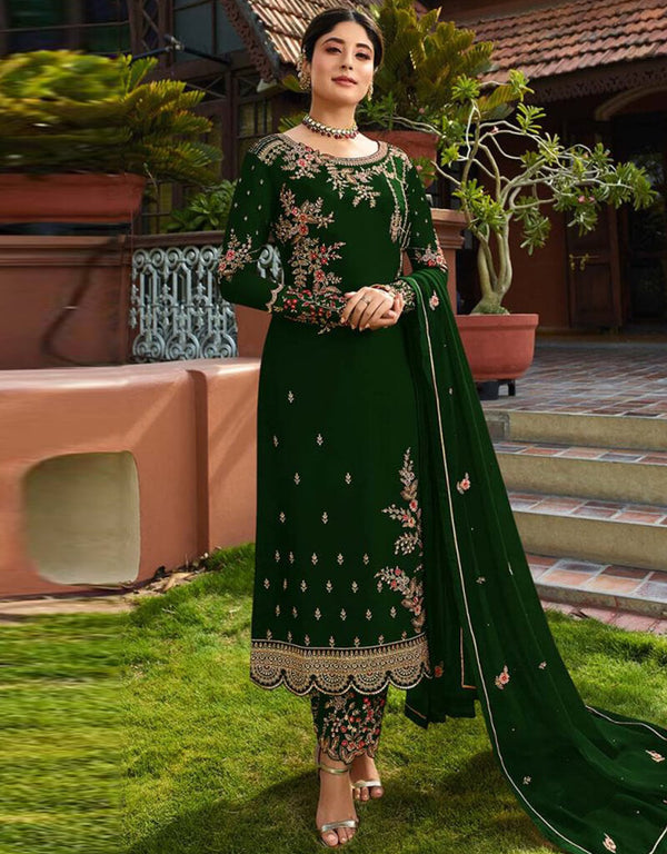 Green Pant style Salwar Suit Faux Georgette Salwar Kameez in Embroidery, Stone & Lace Work