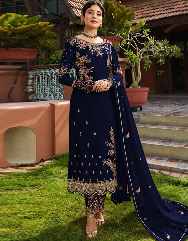 Blue Pant style Salwar Suit Faux Georgette Salwar Kameez in Embroidery, Stone & Lace Work