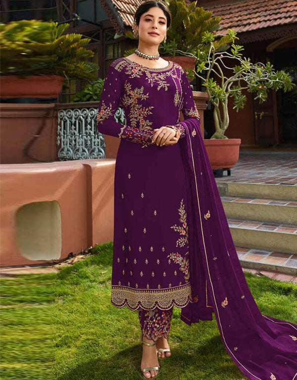 Purple Pant style Salwar Suit Faux Georgette Salwar Kameez in Embroidery, Stone & Lace Work