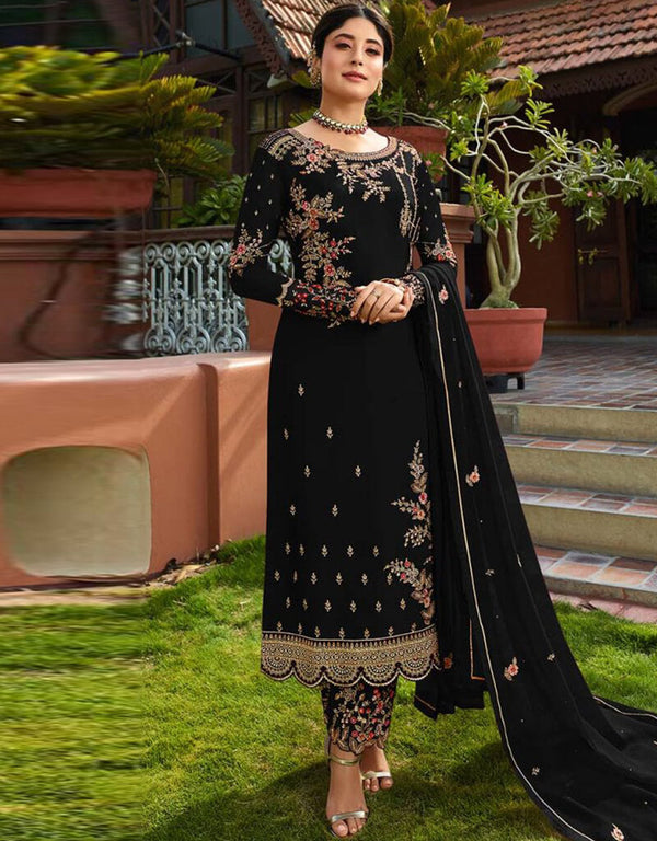 Black Pant style Salwar Suit Faux Georgette Salwar Kameez in Embroidery, Stone & Lace Work