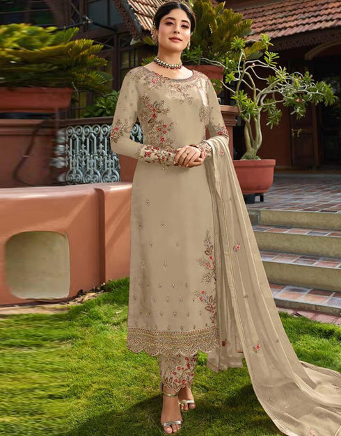 Beige Pant style Salwar Suit Faux Georgette Salwar Kameez in Embroidery, Stone & Lace Work