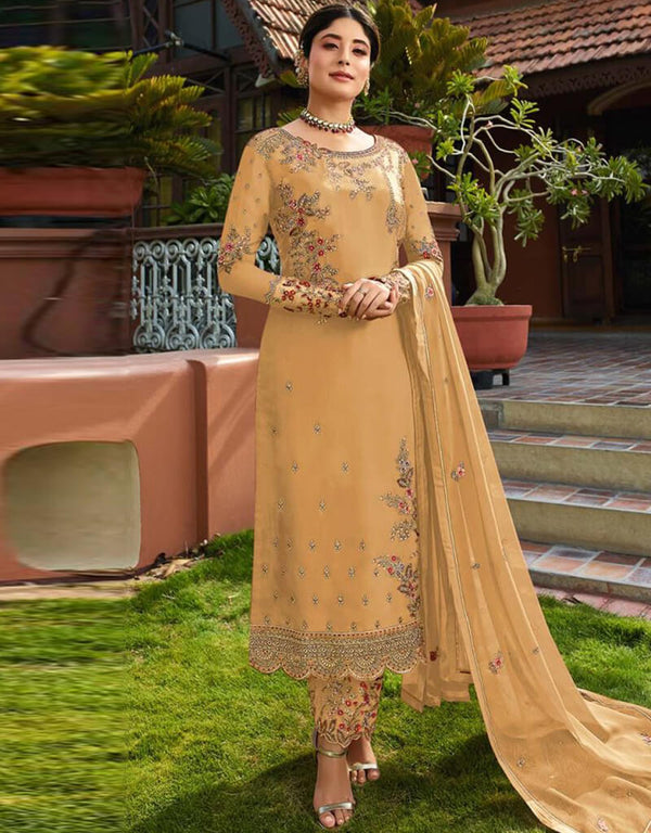 Yellow Pant style Salwar Suit Faux Georgette Salwar Kameez in Embroidery, Stone & Lace Work