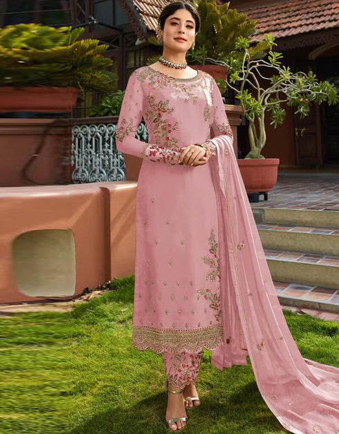 Dusty Pink Pant style Salwar Suit Faux Georgette Salwar Kameez in Embroidery, Stone & Lace Work