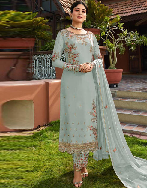 Light Sky Blue Pant style Salwar Suit Faux Georgette Salwar Kameez in Embroidery, Stone & Lace Work