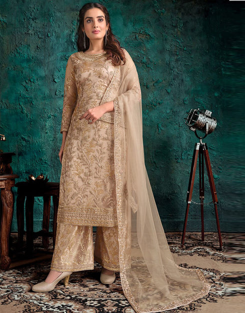 Gold Palazzo style Salwar Suit Butterfly Net Salwar Kameez in Cording Embroidery, Sequins & Lace Work