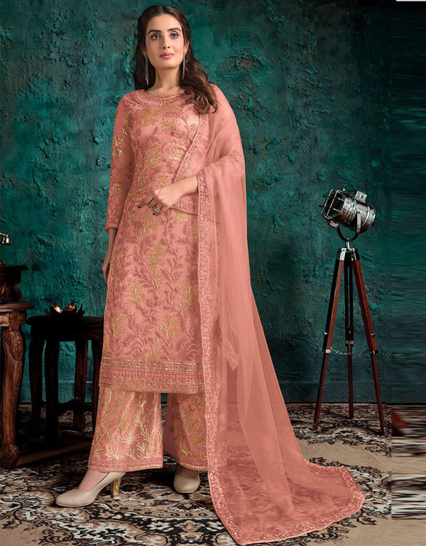 Rose Gold Palazzo style Salwar Suit Butterfly Net Salwar Kameez in Cording Embroidery, Sequins & Lace Work