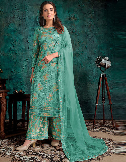 Light Teal Palazzo style Salwar Suit Butterfly Net Salwar Kameez in Cording Embroidery, Sequins & Lace Work