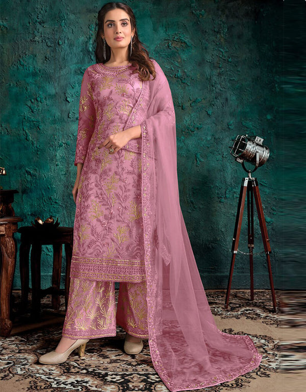 Light Purple Palazzo style Salwar Suit Butterfly Net Salwar Kameez in Cording Embroidery, Sequins & Lace Work