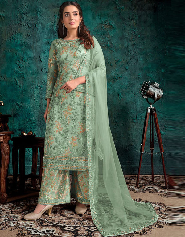 Mint Palazzo style Salwar Suit Butterfly Net Salwar Kameez in Cording Embroidery, Sequins & Lace Work