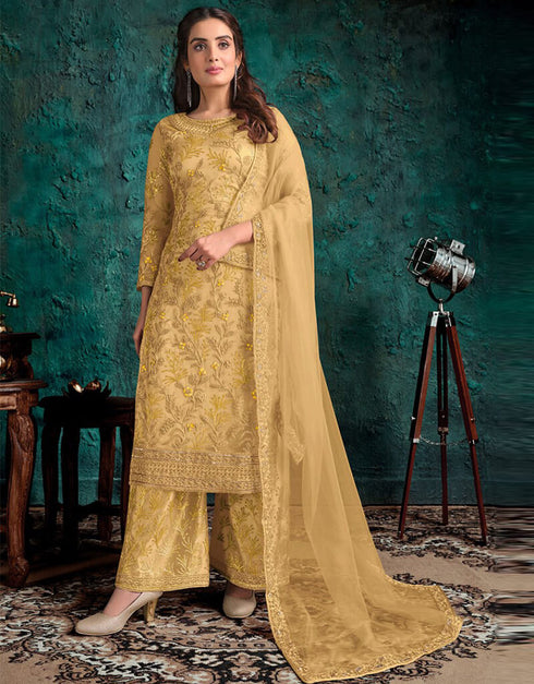 Mustard Palazzo style Salwar Suit Butterfly Net Salwar Kameez in Cording Embroidery, Sequins & Lace Work