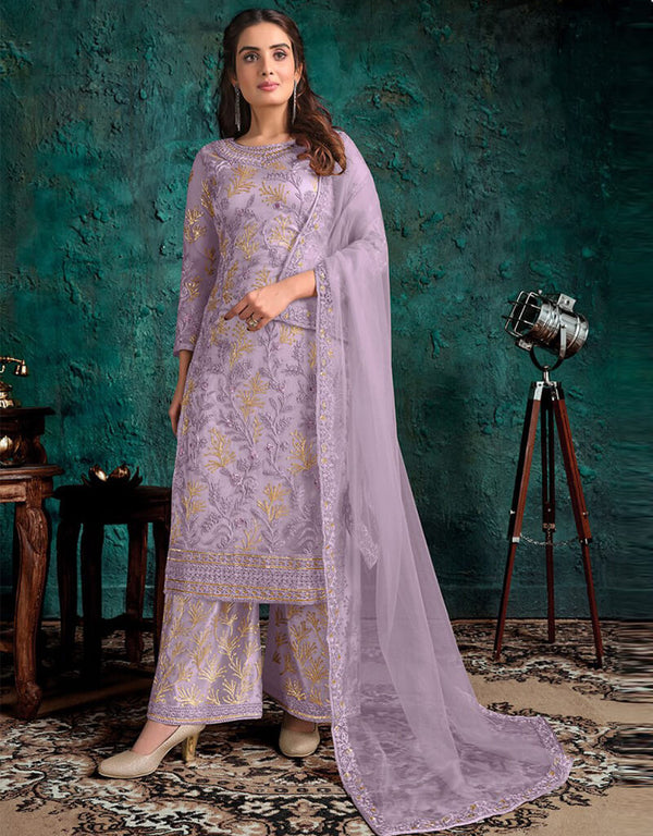 Lavender Palazzo style Salwar Suit Butterfly Net Salwar Kameez in Cording Embroidery, Sequins & Lace Work