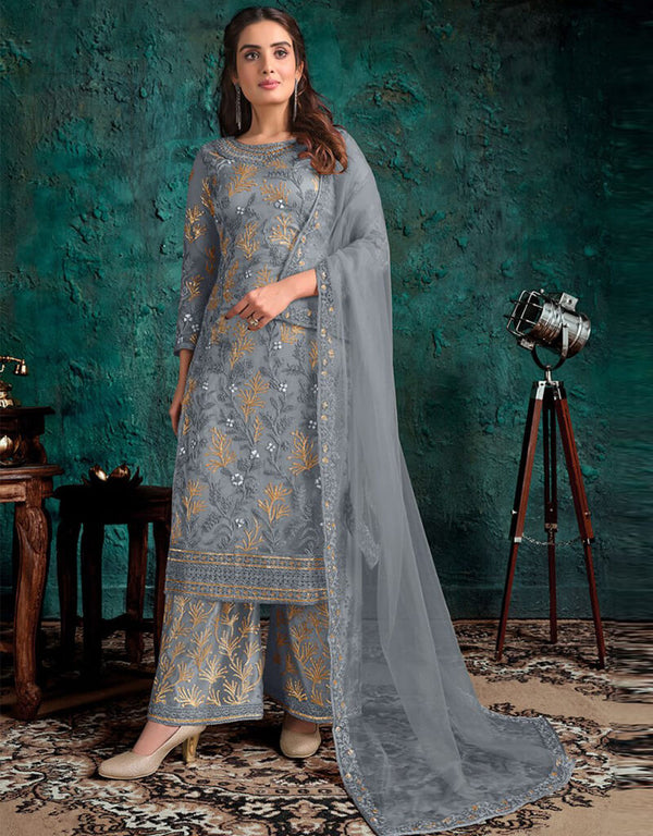 Grey Palazzo style Salwar Suit Butterfly Net Salwar Kameez in Cording Embroidery, Sequins & Lace Work