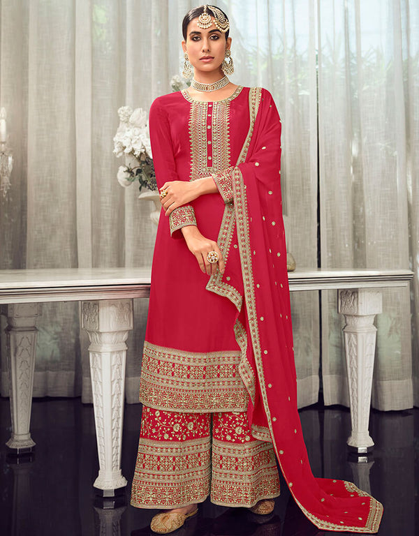 Red Palazzo style Salwar Suit Semi-Stitched Suits Salwar Kameez in Embroidery, Stone & Lace Work