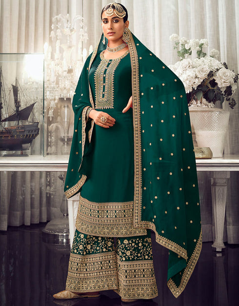 Green Palazzo style Salwar Suit Semi-Stitched Suits Salwar Kameez in Embroidery, Stone & Lace Work