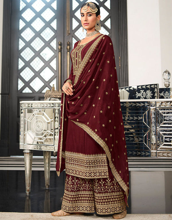 Brown Palazzo style Salwar Suit Semi-Stitched Suits Salwar Kameez in Embroidery, Stone & Lace Work