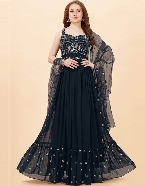 Black Faux Georgette Fabric Maxi Salwar Kameez in Sequins Embroidery, Hand Work & Lace Work