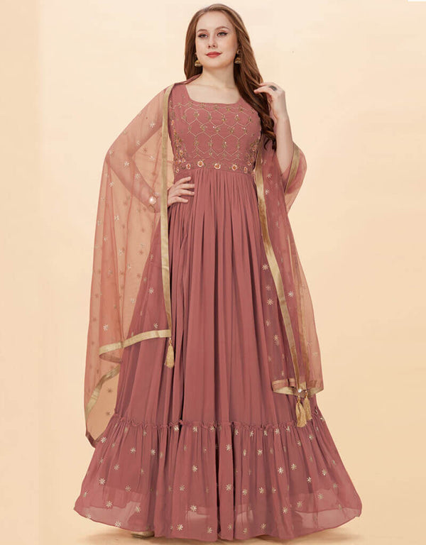 Brown Faux Georgette Fabric Maxi Salwar Kameez in Embroidery, Hand Work & Lace Work
