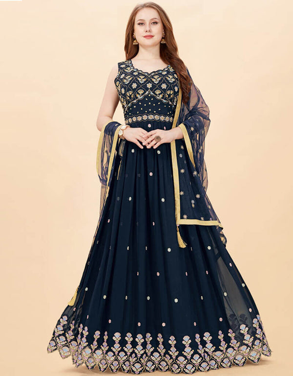 Blue Faux Georgette Fabric Maxi Salwar Kameez in Embroidery, Hand Work & Lace Work
