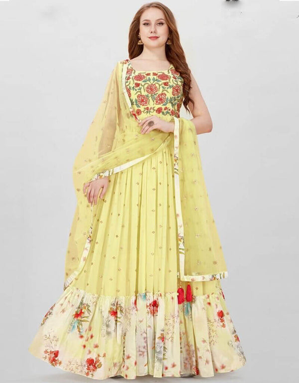 Yellow Faux Georgette Fabric Maxi Salwar Kameez in Embroidery, Hand Work & Lace Work