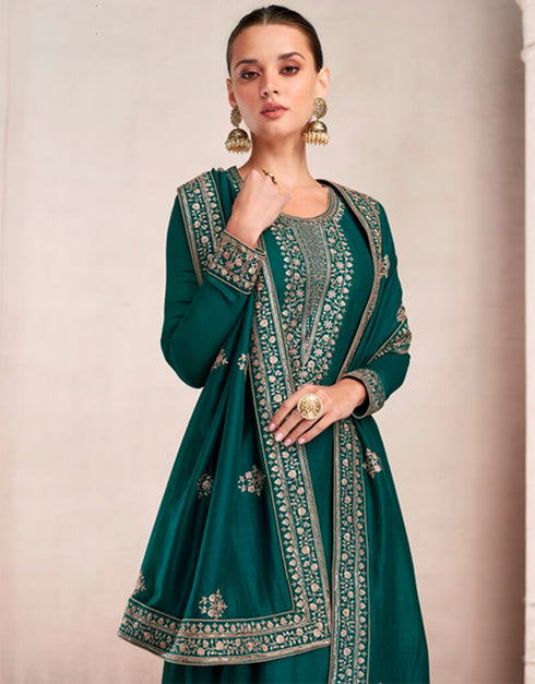 Dark Rama Palazzo style Salwar Suit Semi-Stitched Suits Salwar Kameez in Sequins Embroidery & Lace Work Closure View