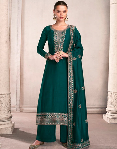 Dark Rama Palazzo style Salwar Suit Semi-Stitched Suits Salwar Kameez in Sequins Embroidery & Lace Work