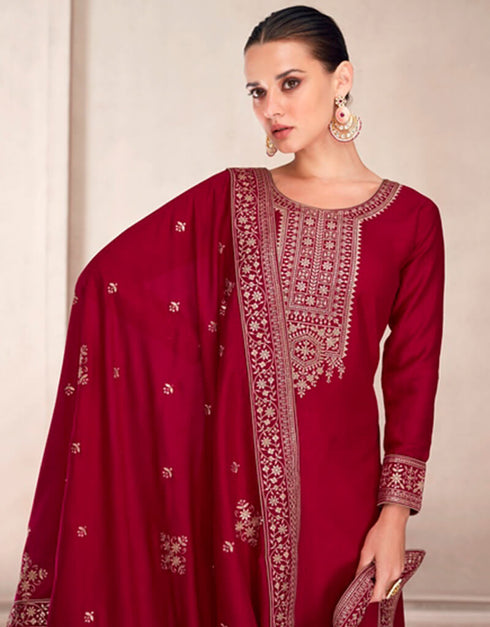 Maroon Palazzo style Salwar Suit Semi-Stitched Suits Salwar Kameez in Sequins Embroidery & Lace Work Closure View