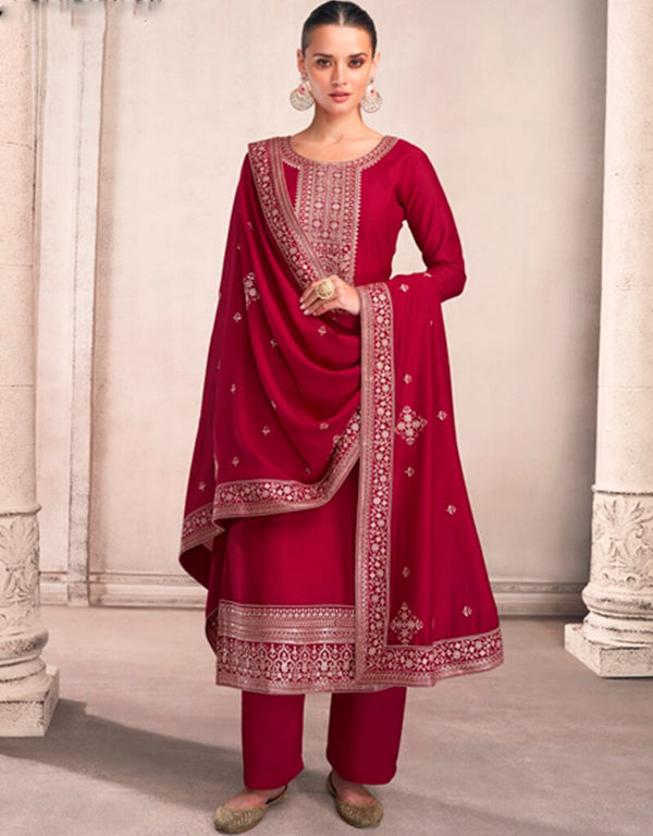 Maroon Palazzo style Salwar Suit Semi-Stitched Suits Salwar Kameez in Sequins Embroidery & Lace Work