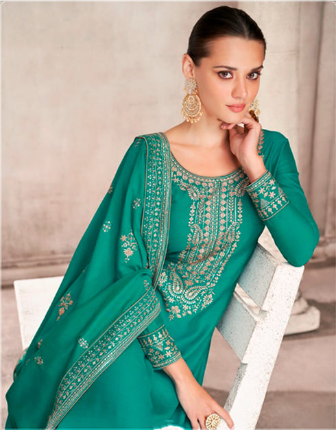 Light Rama Palazzo style Salwar Suit Semi-Stitched Suits Salwar Kameez in Sequins Embroidery & Lace Work Closure View