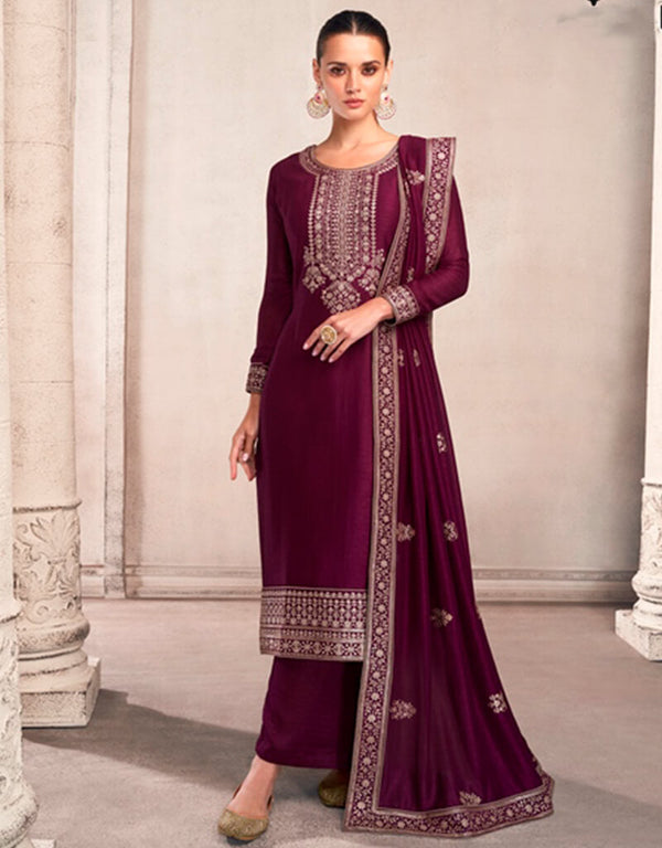 Purple Palazzo style Salwar Suit Semi-Stitched Suits Salwar Kameez in Sequins Embroidery & Lace Work