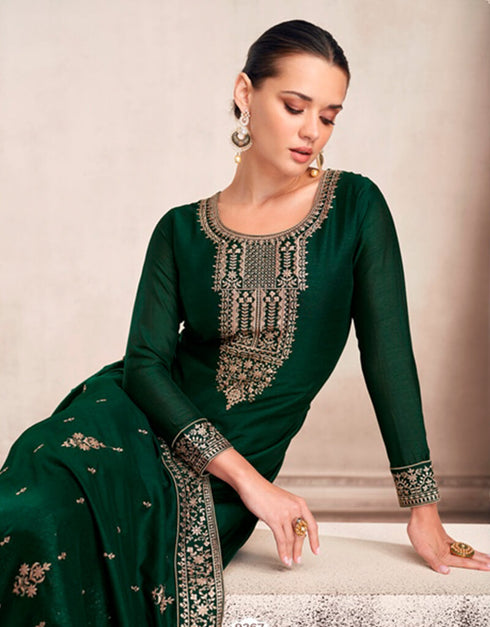 Green Palazzo style Salwar Suit Semi-Stitched Suits Salwar Kameez in Sequins Embroidery & Lace Work Closure View