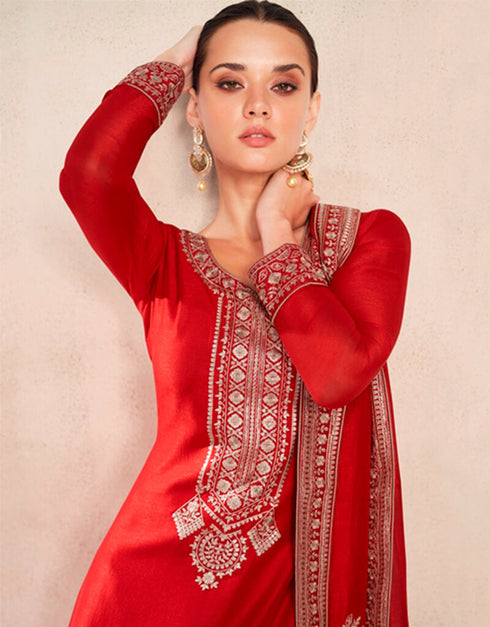 Red Palazzo style Salwar Suit Semi-Stitched Suits Salwar Kameez in Sequins Embroidery & Lace Work Closure View