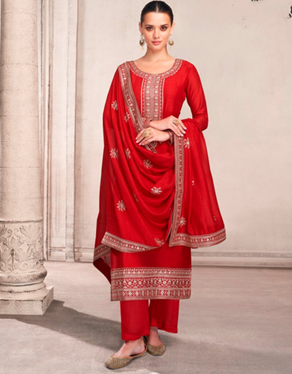 Red Palazzo style Salwar Suit Semi-Stitched Suits Salwar Kameez in Sequins Embroidery & Lace Work