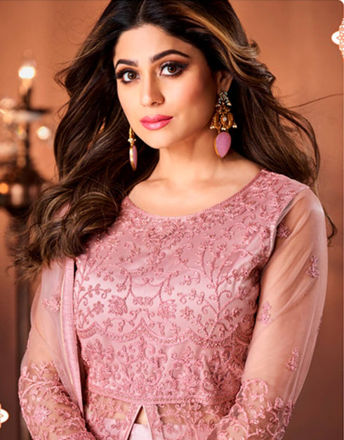 Dusty Pink Lehenga style Suit Semi-Stitched Suits Salwar Kameez in Heavy Sequins Embroidery & Lace Work Closure View