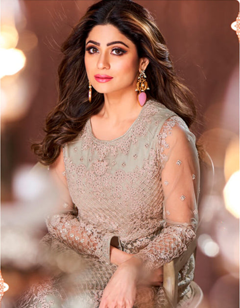 Cream Lehenga style Suit Semi-Stitched Suits Salwar Kameez in Heavy Sequins Embroidery & Lace Work Closure View