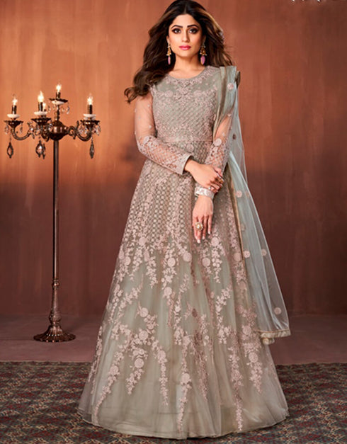 Cream Lehenga style Suit Semi-Stitched Suits Salwar Kameez in Heavy Sequins Embroidery & Lace Work