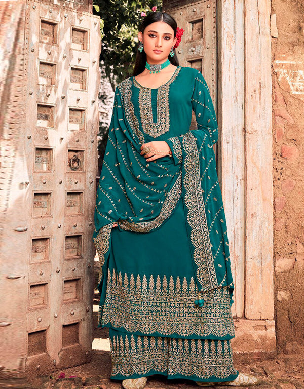 Rama Palazzo style Salwar Suit Faux Georgette Salwar Kameez in Heavy Sequins Embroidery, Stone & Lace Work