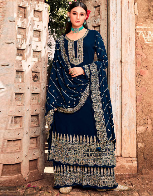 Blue Palazzo style Salwar Suit Faux Georgette Salwar Kameez in Heavy Sequins Embroidery, Stone & Lace Work