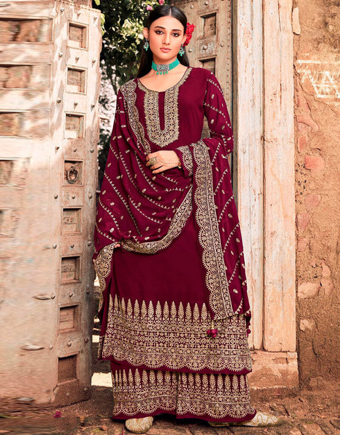 Magenta Palazzo style Salwar Suit Faux Georgette Salwar Kameez in Heavy Sequins Embroidery, Stone & Lace Work