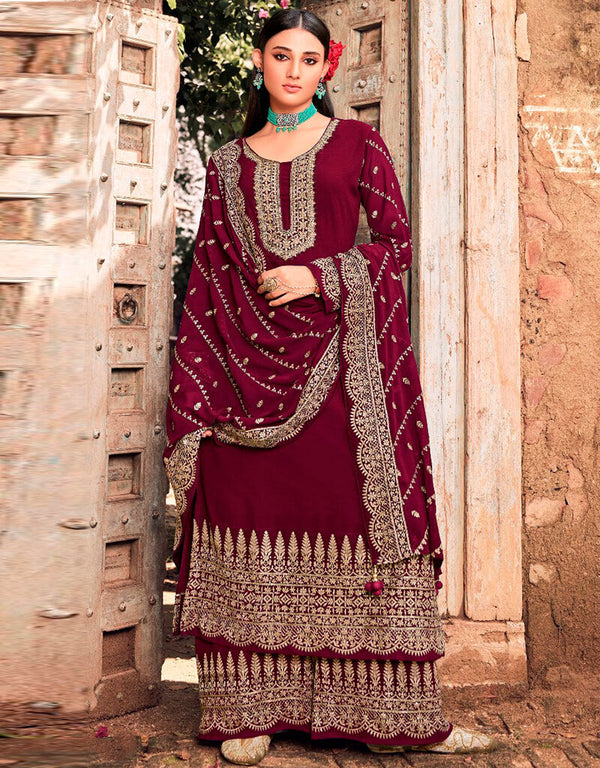 Magenta Palazzo style Salwar Suit Faux Georgette Salwar Kameez in Heavy Sequins Embroidery, Stone & Lace Work
