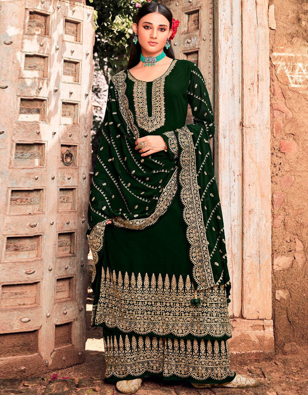 Green Palazzo style Salwar Suit Faux Georgette Salwar Kameez in Heavy Sequins Embroidery, Stone & Lace Work