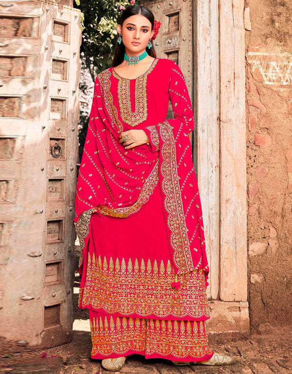 Pink Palazzo style Salwar Suit Faux Georgette Salwar Kameez in Heavy Sequins Embroidery, Stone & Lace Work