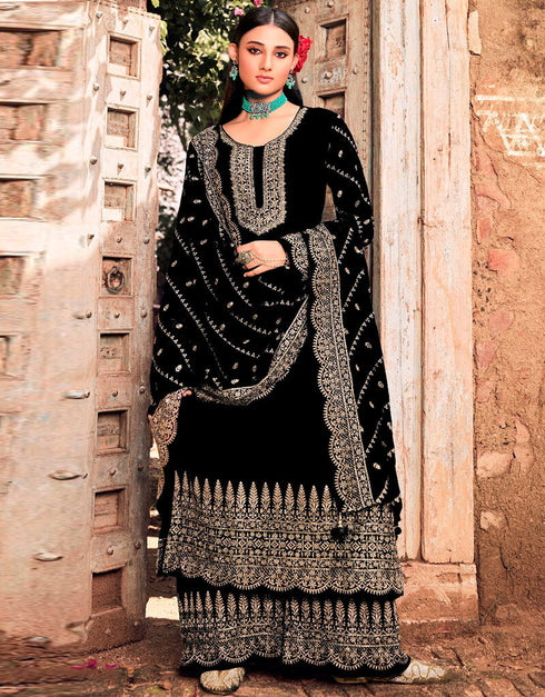 Black Palazzo style Salwar Suit Faux Georgette Salwar Kameez in Heavy Sequins Embroidery, Stone & Lace Work