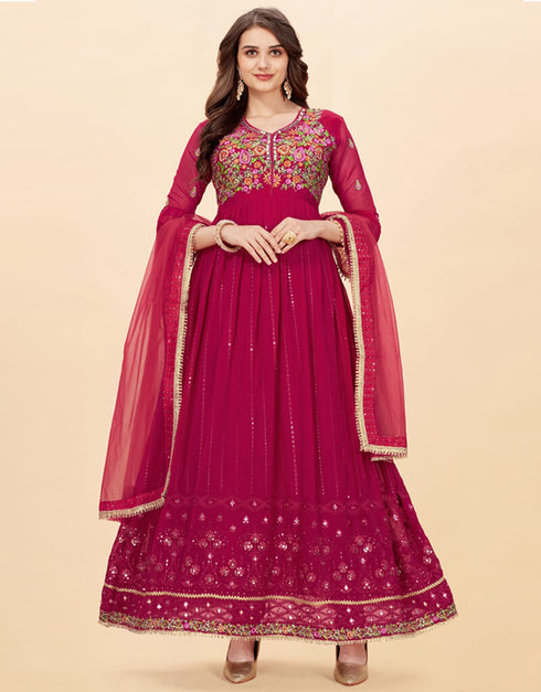 Maroon Anarkali style Anarkali Faux Georgette Salwar Kameez in Sequins Embroidery, Stone, Real Mirror & Lace Work