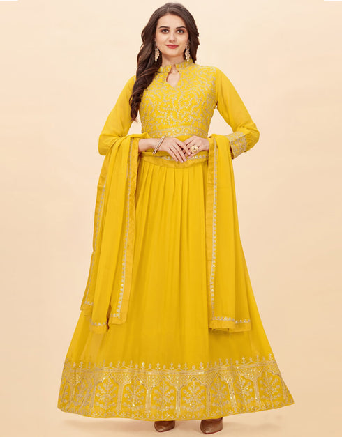 Yellow Anarkali style Anarkali Faux Georgette Salwar Kameez in Heavy Sequins Embroidery & Lace Work