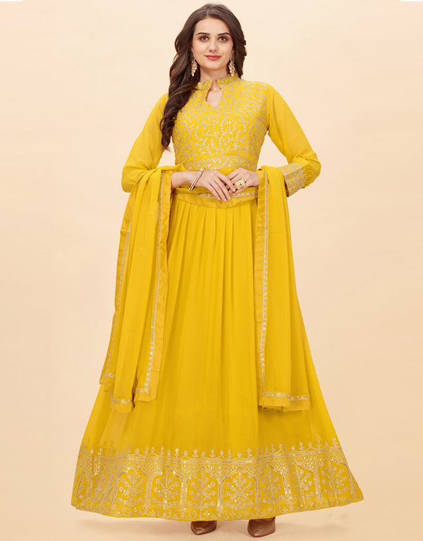 Yellow Anarkali style Anarkali Faux Georgette Salwar Kameez in Heavy Sequins Embroidery & Lace Work
