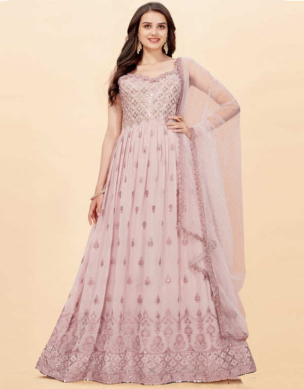 Light Lavender Anarkali style Anarkali Faux Georgette Salwar Kameez in Sequins Embroidery, Foil Paper & Lace Work