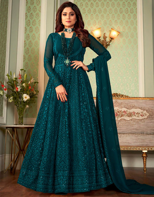 Dark Rama Anarkali style Anarkali Faux Georgette Salwar Kameez in Heavy Sequins Embroidery & Lace Work