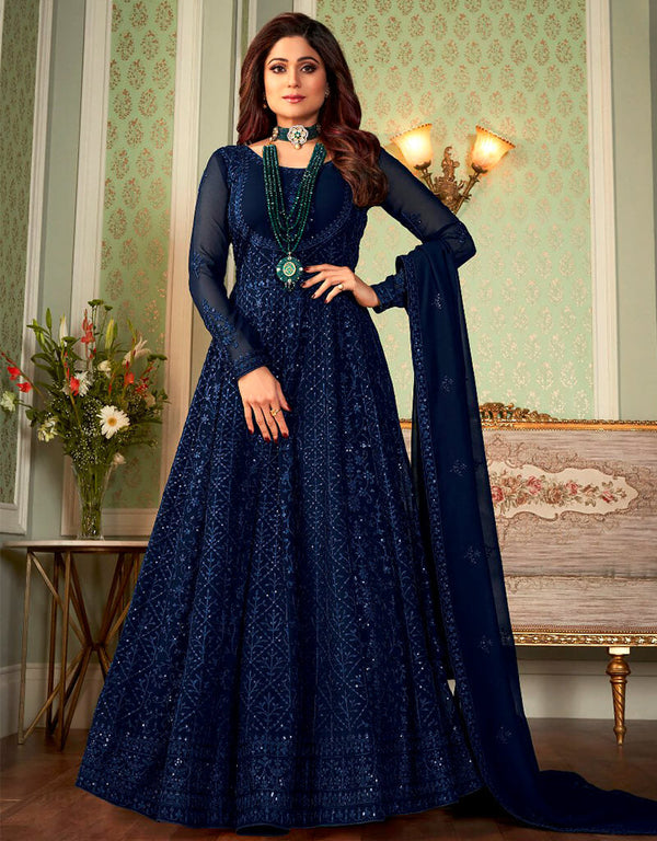 Royal Blue Anarkali style Anarkali Faux Georgette Salwar Kameez in Heavy Sequins Embroidery & Lace Work
